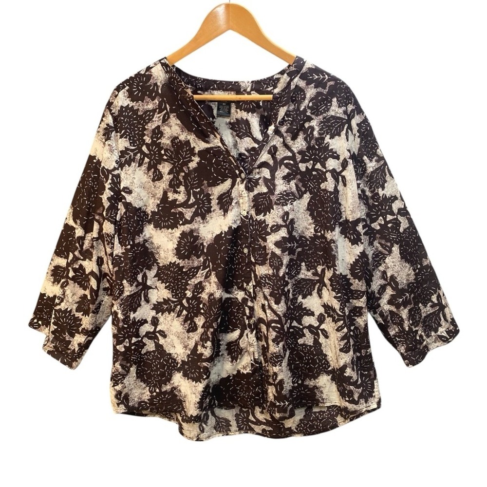Preswick & Moore Button Front Blouse Women 2X Floral Leaf Nature Office Workwear
